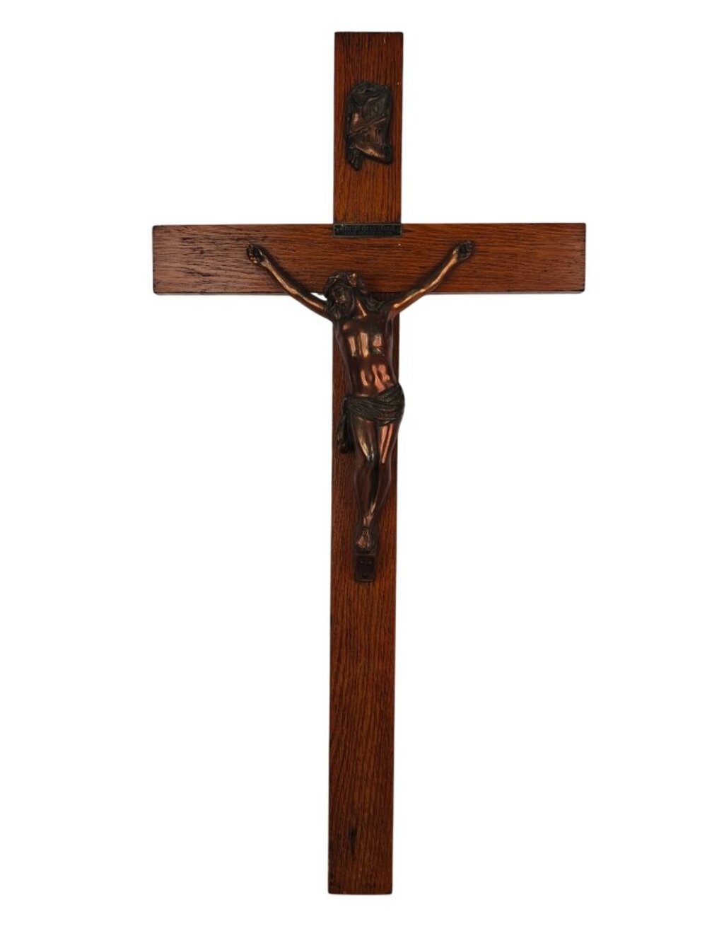Vintage Large Wooden Crucifix Copper Jesus "Christ Crucified" Plaque Religious